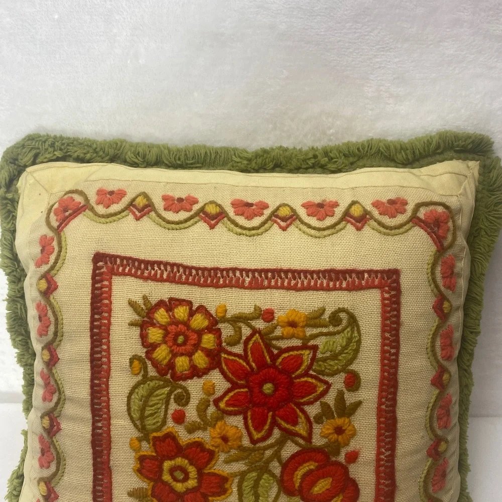Vintage Embroidered Needlepoint Floral Pillow Square Boho Shabby Chic